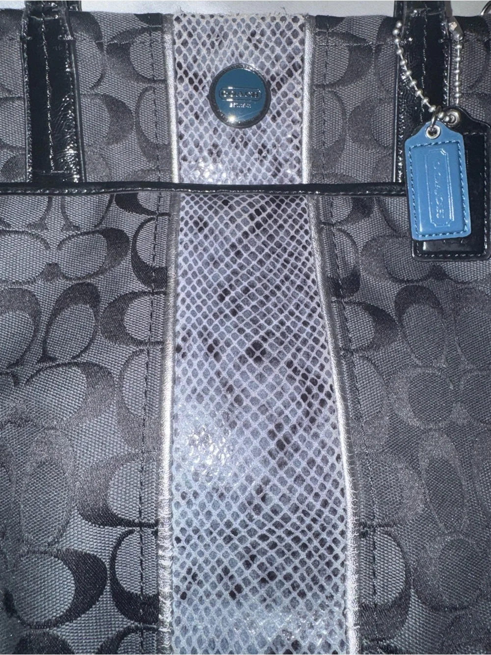 Coach Gray and Black Signature Tote with Blue Accent
